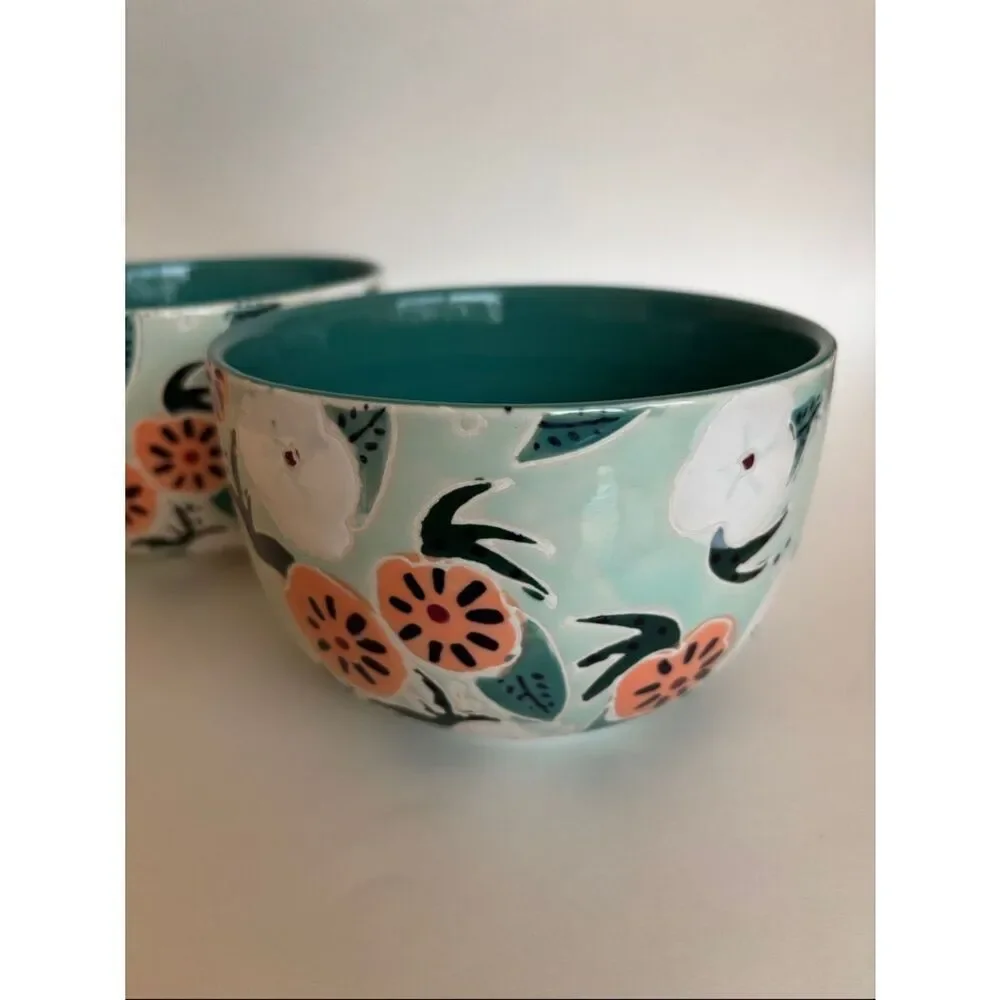 NWT Anthropologie Mathilde Turquoise Hand Painted Bowls Set Of 2